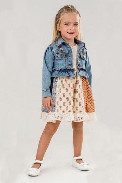 HÇM Girl's Denim Jacket Dress with Lace Detail Ruffle A34