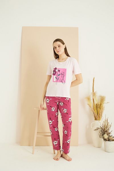 Siyah İnci Ανοιχτό ροζ μοτίβο Cotton Crew Neck Πλεκτό Σετ πιτζάμες 25103244