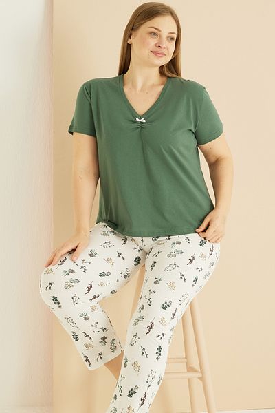Siyah İnci Πράσινο μοτίβο Curve Plus Size Oversize Βαμβακερό Σετ Πιτζάμες 25103728