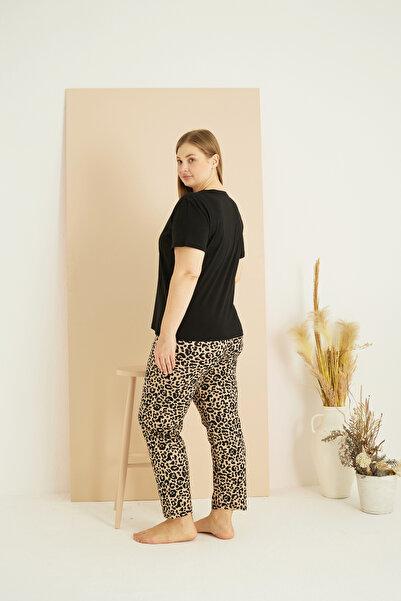 Siyah İnci Black Leopard Pattern Curve Plus Size Oversize Cotton Pajama Set