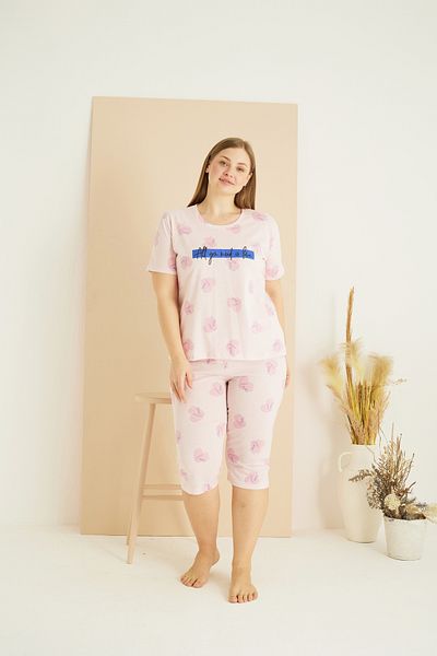 Siyah İnci Ροζ μοτίβο Curve Plus Size Oversize Βαμβακερό Κάπρι Σετ 25102749