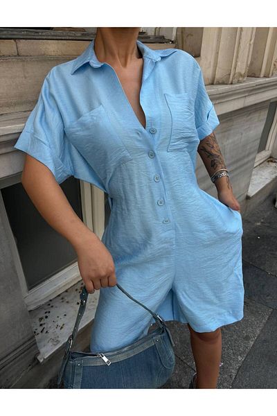 LB Laluna Butik Salopetă de damă, cu mânecă scurtă, cu buzunare cu închidere cu nasturi
