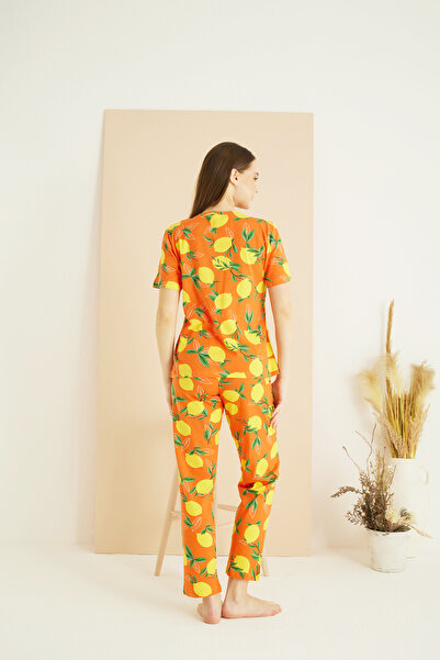 Siyah İnci Orange Patterned Cotton Crew Neck Knitted Pajama Set 25107130