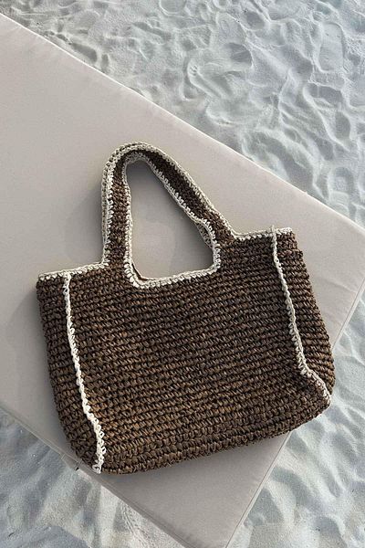Ka Hijab Stripe Detail Lined Knitted Straw Beach Bag 48X30 - Brown