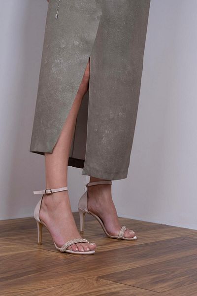 sovrana Beige Satin Heeled Single Strap Shoes