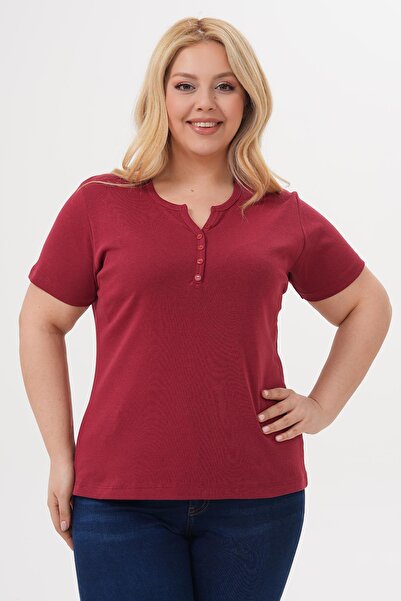 Siyezen Plus Size Button Detailed Cotton Lycra Short Sleeve Basic Blouse