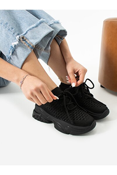 ALEMDAR AYAKKABI Pantofi de damă OPAL Black Knitwear Stone Detail