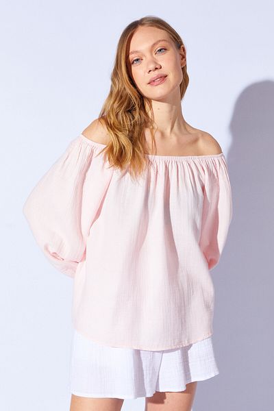 Manche Powder Boat Neck Shoulder and Sleeve Elastic Long Sleeve Muslin Washed Blouse |   Mks 179921 -01