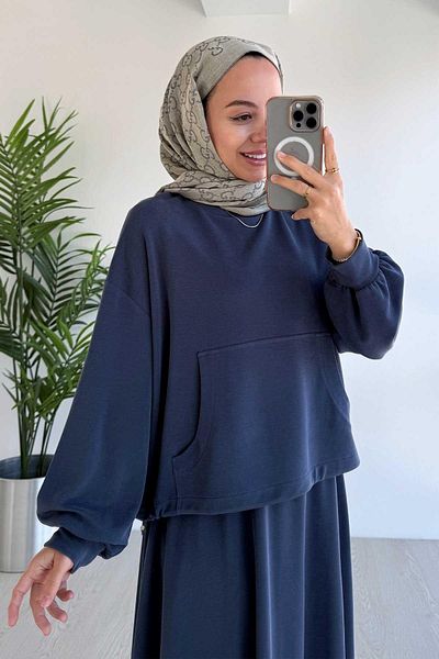 Ka Hijab Kangaroo Pocket Oysh Fabric Skirted Double Suit - Navy Blue