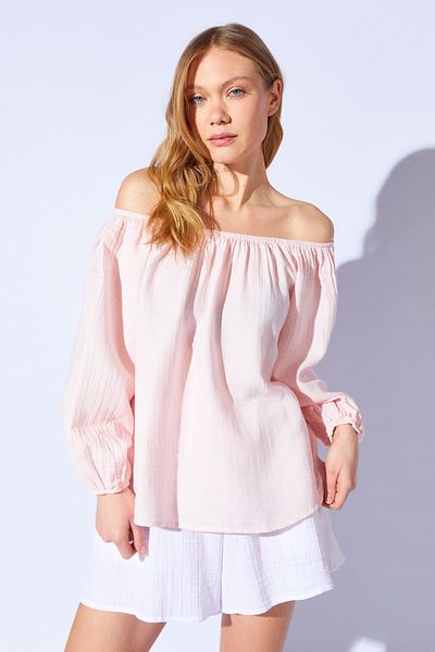 Manche Powder Boat Neck Shoulder and Sleeve Elastic Long Sleeve Muslin Washed Blouse |   Mks 179921 -01