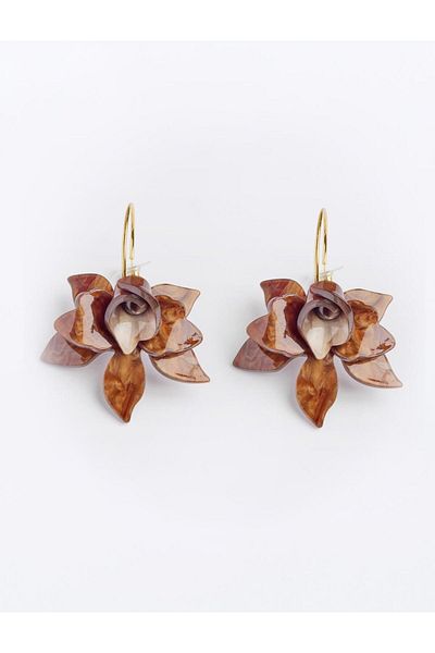 Jimmy Key Brown Leaf Detailed Flower Patterned Earrings