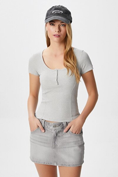 Ritnice Women's Elena Corset Look Buttoned Ribbed Short Sleeve Gray Blouse