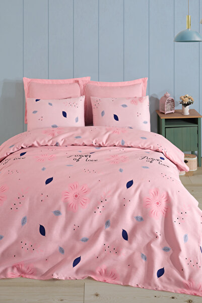 Enlora Home Desenli Pike Takımı Çift Kişilik FlowerOfLove Pudra (Pike+Çarşaf+...