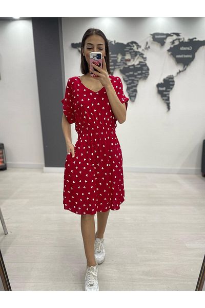 Denismoda Rochie de damă, cu decolteu în V, cu buzunare, cu imprimeu cu inimă