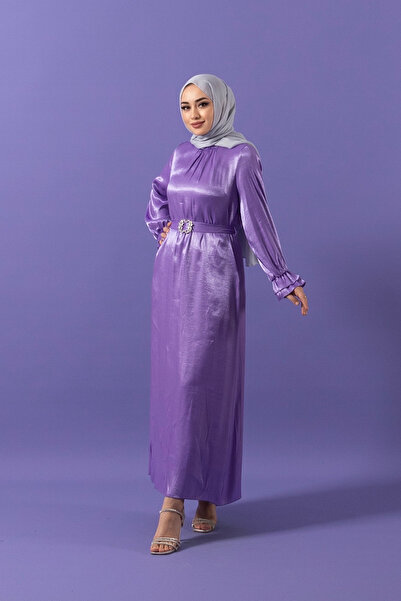 Stilife Taş Tokalı Saten Elbise Lila