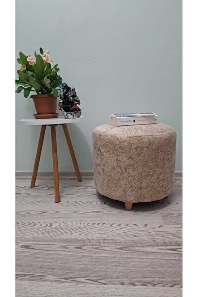 Papuli Ahşap Ayaklı Koyu Krem Nubuk Yuvarlak Puf&bench Koltuk/tabure