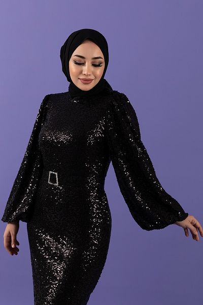 Stilife فستان سهرة بأكمام بالون مزين بالكريستال باللون الأسود
