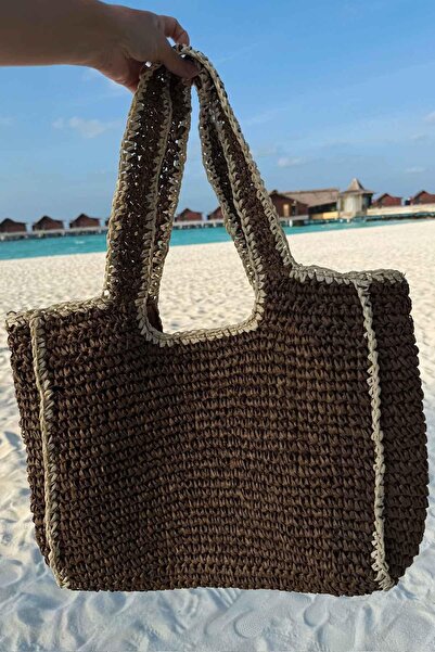 Ka Hijab Stripe Detail Lined Knitted Straw Beach Bag 48X30 - Brown