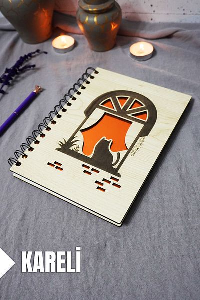 markcat Cat Patterned Wooden Door A5 Notebook Checkered 120 Pages
