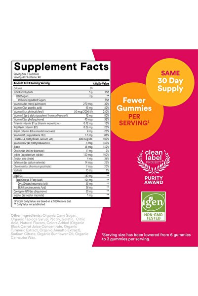 SmartyPants Women's Multivitamin Gummies - Omega 3, Methylfolate, CoQ10, D3, B12, A, K, Zinc, 90ct, Gluten-Free