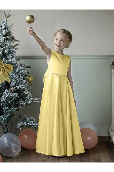 NSMLİFE Rochie de fată cu flori din satin cu decolteu deschis, cu talie cu perle și fundă