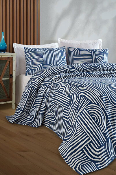 Enlora Home Desenli Pike Seti Çift Kişilik Line Art Mavi (Pike+Yastık Kılıfı)