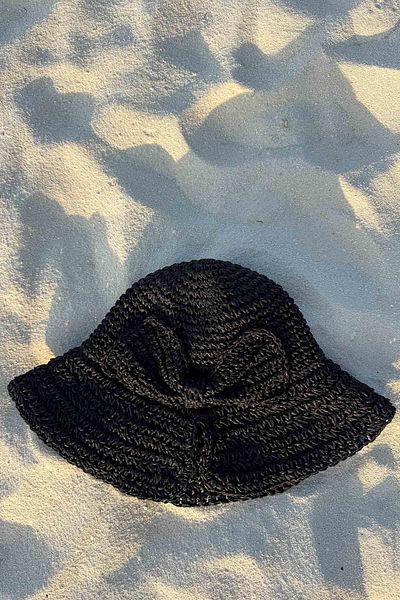 Ka Hijab Hand Knitted Bow Straw Hat - Black