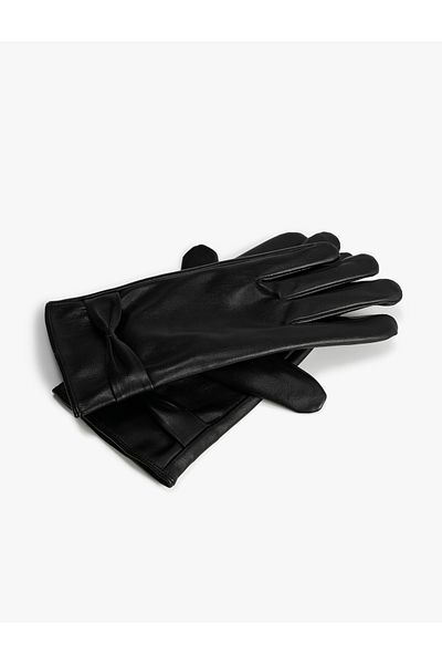 Koton Leather Look Gloves with Bow Detail