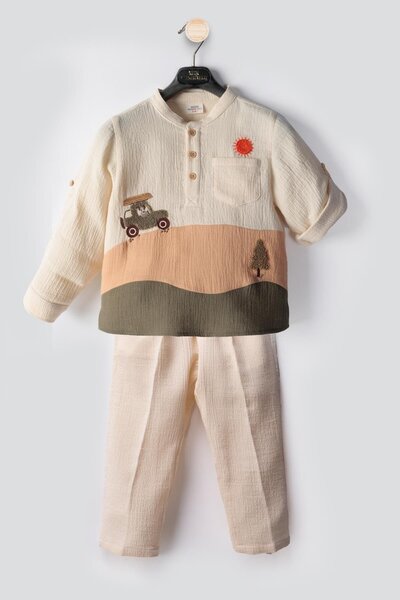 Magu Set cămașă cu detalii de broderie și pantaloni din țesătură naturală pen...