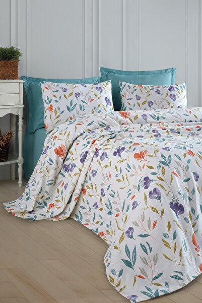 Enlora Home Desenli Pike Takımı Çift Kişilik Floral Lila (Pike+Çarşaf+Yastık ...
