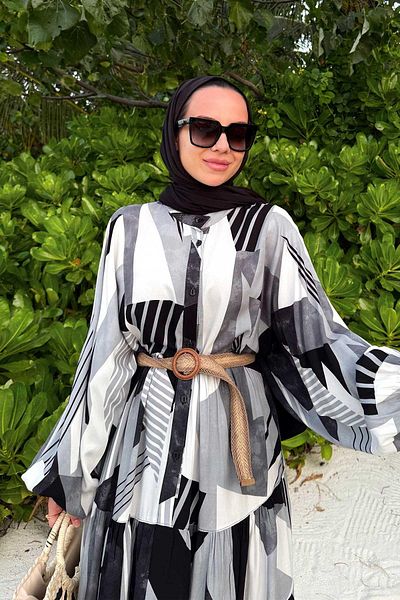 Ka Hijab Geometric Pattern Belted Viscose Dress - Black