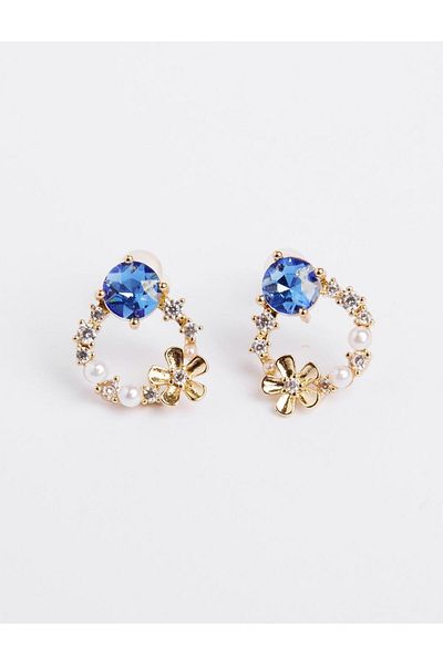 Jimmy Key Blue Flower Pattern Pearl Detailed Earrings