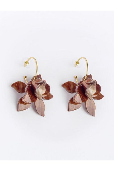 Jimmy Key Brown Leaf Detailed Flower Patterned Earrings
