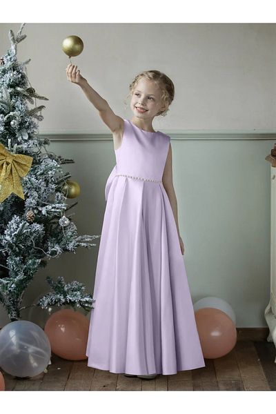 NSMLİFE Rochie de fată cu flori din satin cu decolteu deschis, cu talie cu perle și fundă