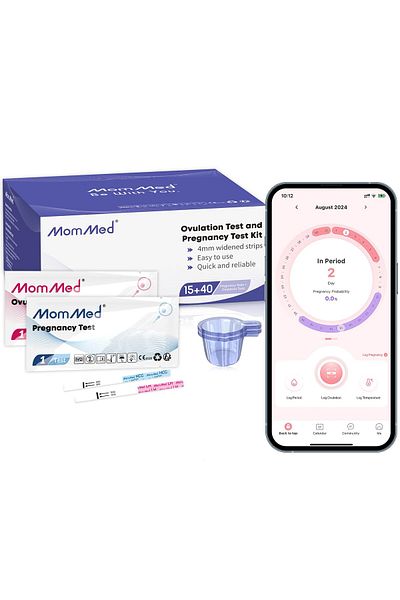 MOMMED Ovulation & Pregnancy Test Kit, 15 HCG & 40 LH Strips, 55 Urine Cups, Fast & Reliable