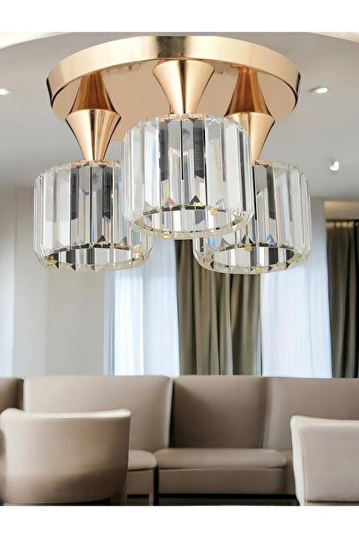 burenze Modern Tasarım Kristal Taşlı Tavana Sıfır Üçlü Avize Salon Oturma Oda...