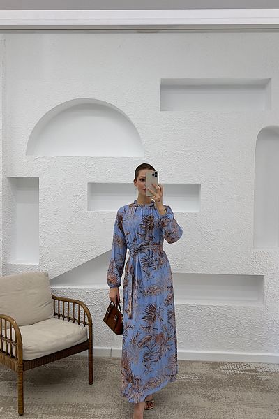 Stilife Rochie de in cu model palmier albastru