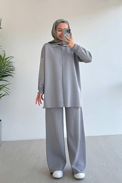 Ka Hijab Costum de bază cu fermoar dublu mercerizat - gri