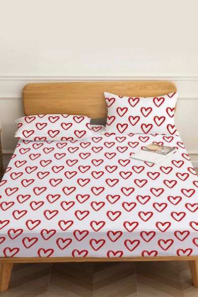 Rivaİstanbul Double Bed Sheet Plaid Red Hearts Cotton