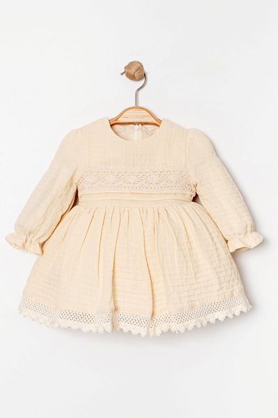 Bebüş Lined Cotton Fabric Lace Stripe Detailed Long Sleeve Beige Baby Girl Dress 15323