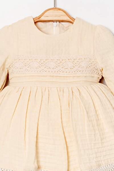 Bebüş Lined Cotton Fabric Lace Stripe Detailed Long Sleeve Beige Baby Girl Dress 15323