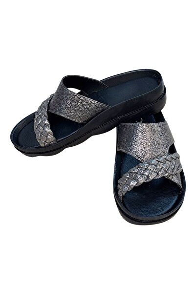 KAFKASLAR AYAKKABI Kafkaslar Orthopedic Wide Structure Silver Slippers with Pool Sole