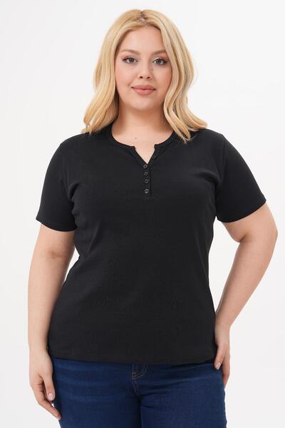 Siyezen Plus Size Button Detailed Cotton Lycra Short Sleeve Basic Blouse
