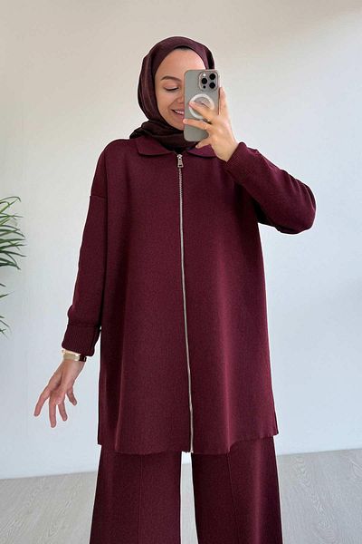 Ka Hijab Zippered Basic Double Mercerized Suit - Claret Red