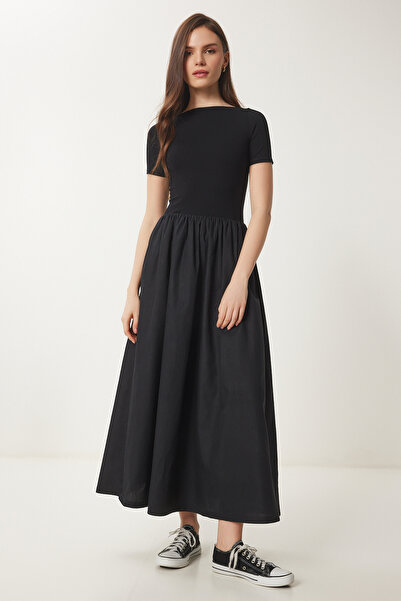 Lovelyİstanbul فستان منسوج مطاطي مع تنورة من البوبلين باللون الأسود LFN0086