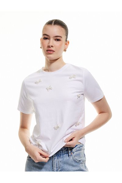 Koton Tricou cu mânecă scurtă, cu decolteu, cu fundă cu mărgele din bumbac