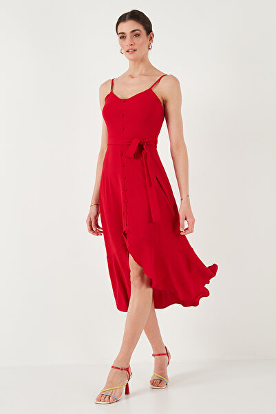 Lela Kemer ve Düğme Detaylı Volanlı Regular Fit Midi Boy Elbise ELBİSE 67810145