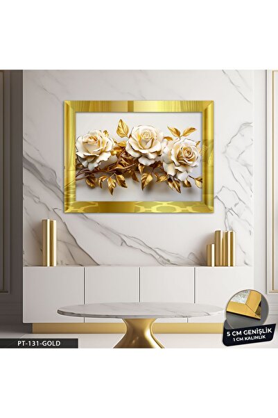 Evinemoda Gold Yapraklı Çiçek Pleksi Aynalı Tablo