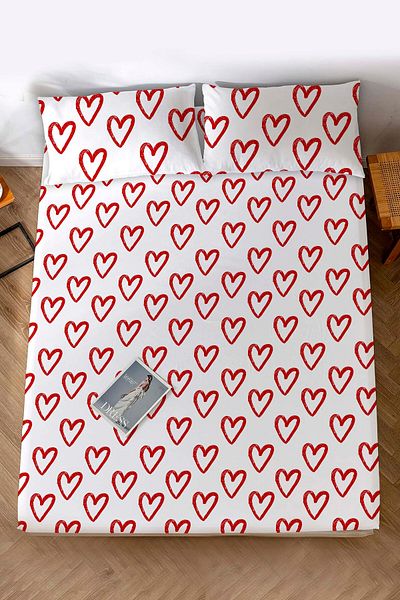Rivaİstanbul Double Bed Sheet Plaid Red Hearts Cotton