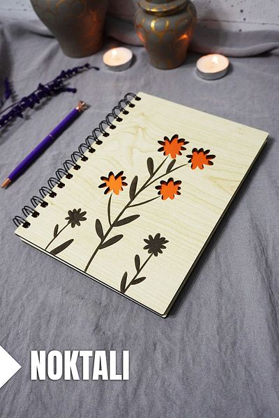 markcat Floral Patterned Wooden Cover Notebook - Dotted Notebook - Agenda - School Notebook (A5 - 120 Sheets)